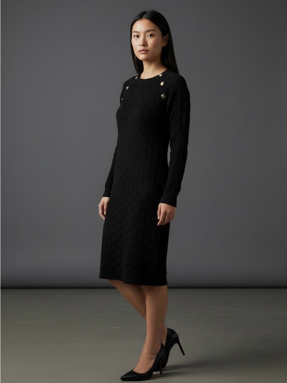 Quiz Black Long-Sleeve Knit Midi Dress with Button Detail